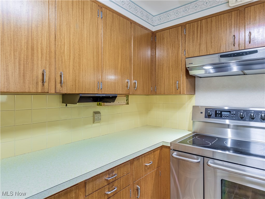 6576 State Road Wadsworth, OH 44281 - Photo 11 of 34 Kitchen featuring ventilation hood, decorative backsplash, and electric range
