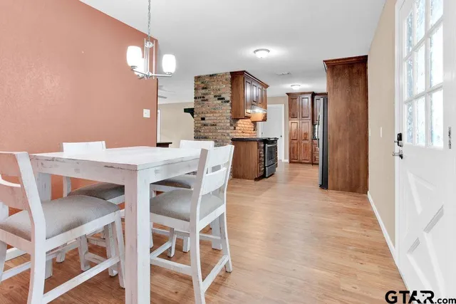 a view of a dining room with furniture and wooden floor