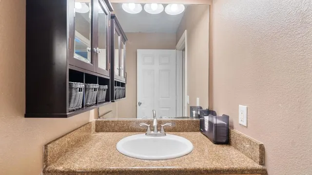 a bathroom with a sink and a mirror