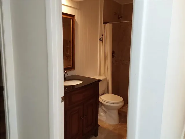 a bathroom with a granite countertop sink toilet and a mirror