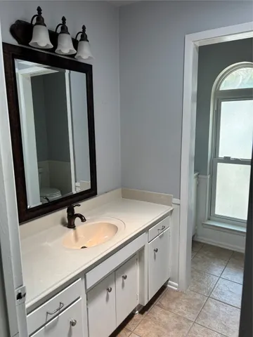 a bathroom with a sink and a mirror