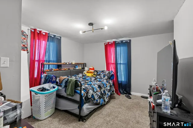 a bed room with a bed and a television