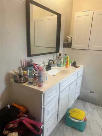 a bathroom with a sink and a mirror