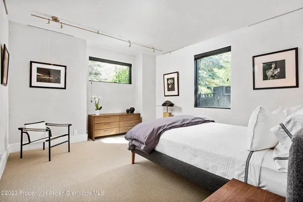 a bedroom with a bed and a couch