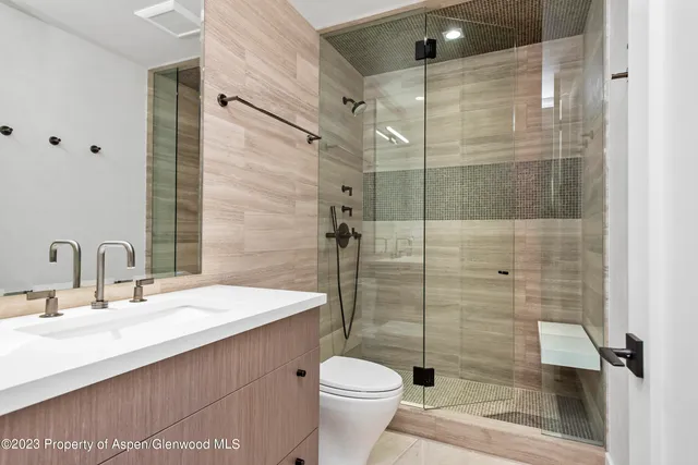 a bathroom with a sink toilet and shower