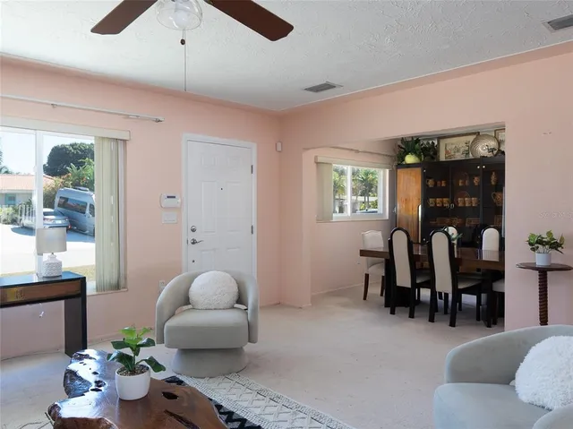 a living room with furniture potted plant and windows