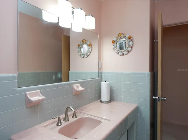 a bathroom with a sink and a mirror