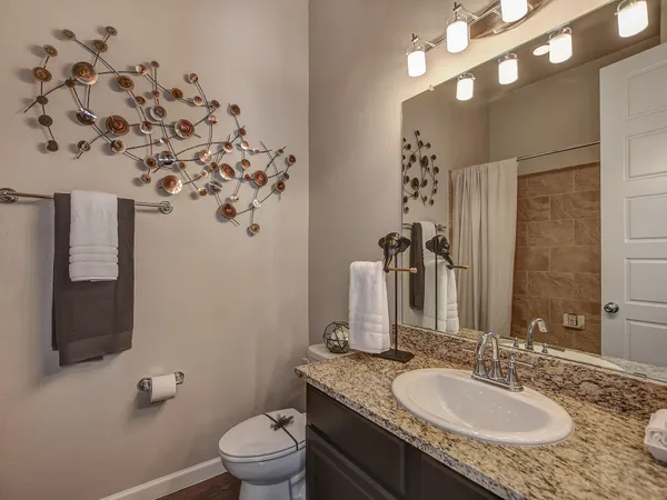 a bathroom with a granite countertop sink a toilet and a mirror