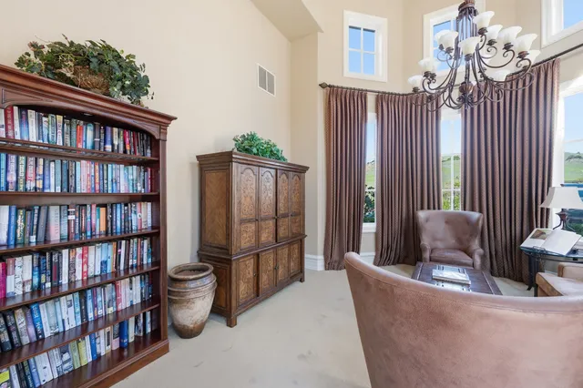 a living room with furniture and a book shelf