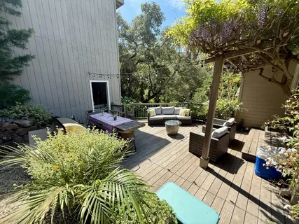 a view of a patio with furniture and a potted plants