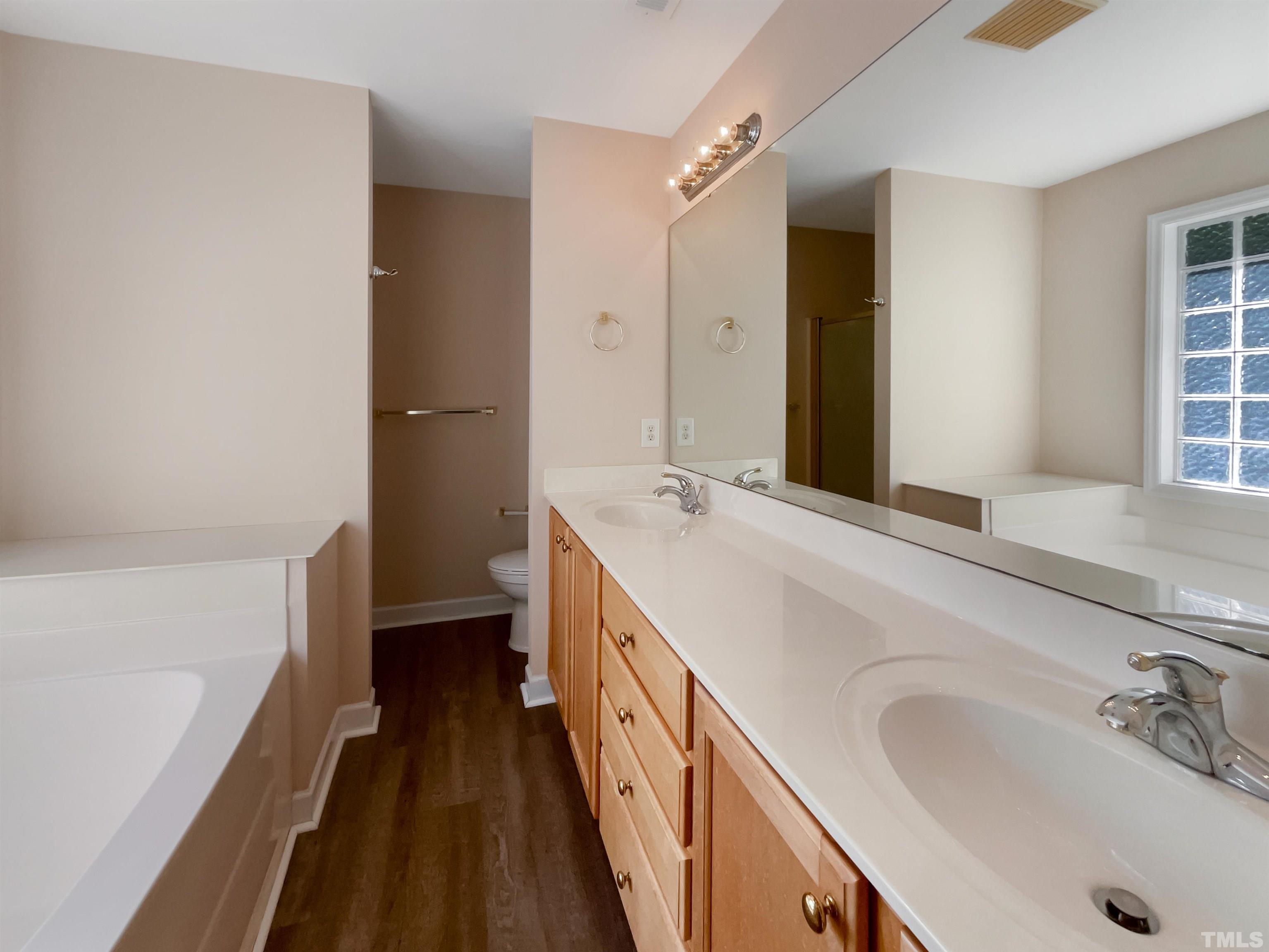 537 Seastone Street Raleigh, NC 27603 - Photo 8 of 25 a bathroom with a double vanity sink and a bathtub