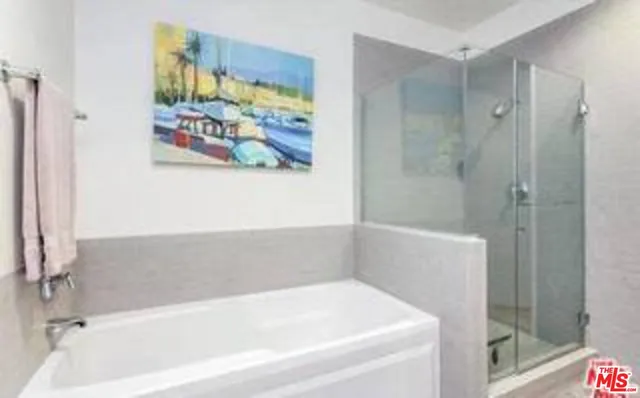 a bathroom with a bathtub and a shower