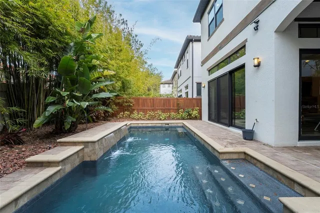 a swimming pool with outdoor seating and yard