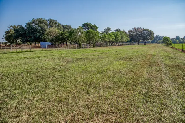 a view of a green field with trees in the background