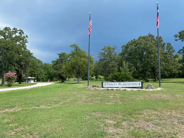 a view of a green field with trees in the background