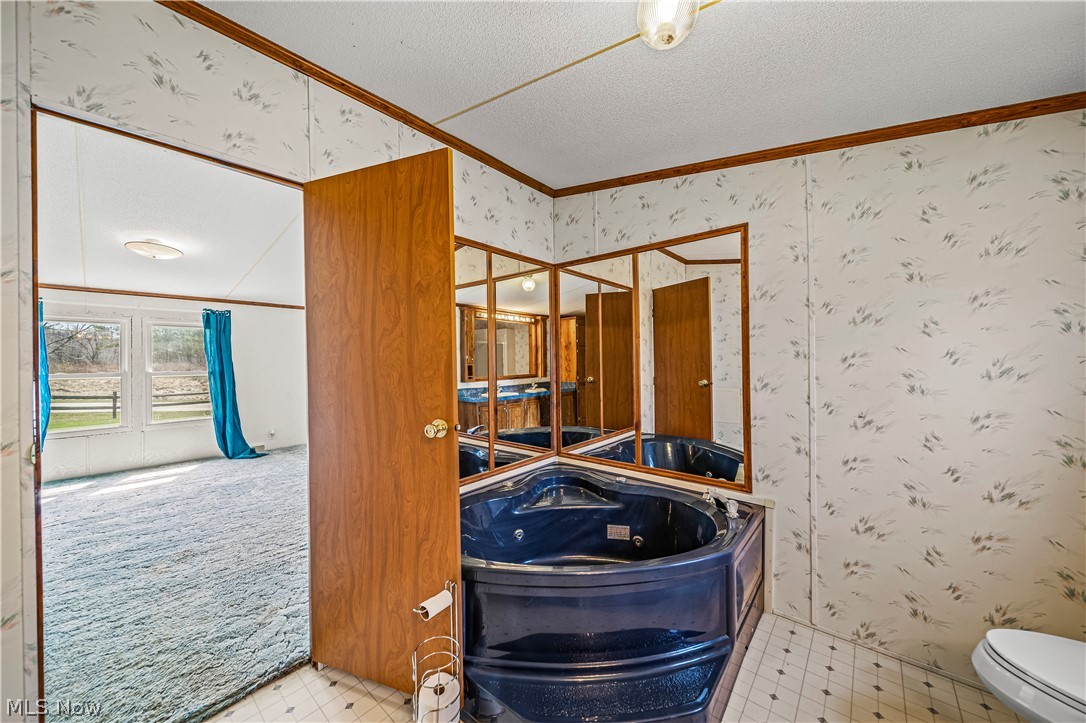 3471 Fox Road Kingsville, OH 44048 - Photo 38 of 50 Bathroom with a textured ceiling, toilet, tile floors, and crown molding