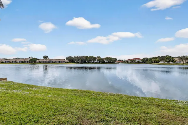 a view of a swimming pool with a deck and palm trees