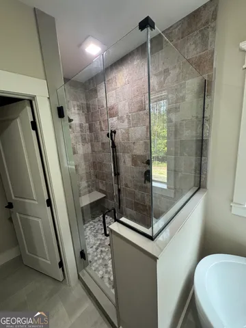 a bathroom with a shower and toilet