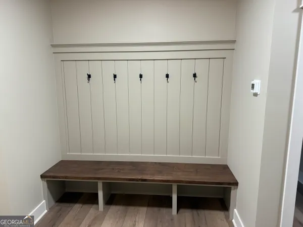 a area with wooden cabinets