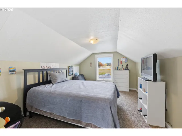 a bedroom with a bed and a flat screen tv