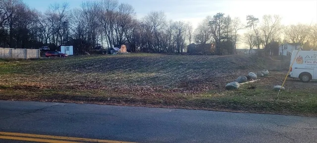 a view of a backyard with large trees