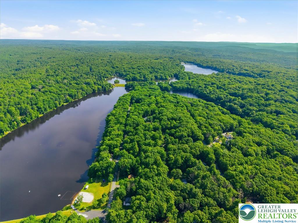 128 Chestnut Street Dingmans Ferry, PA 18328 - Photo 40 of 43 An aerial panorama reveals a vast forest encompassing serene lakes, offering unparalleled natural beauty.