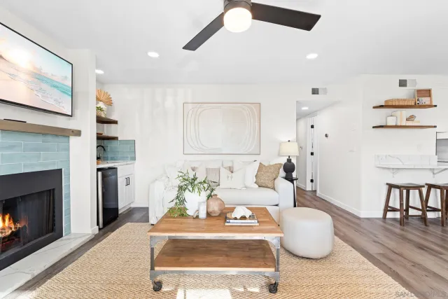 a living room with furniture and a fireplace
