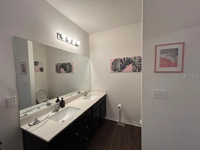 a bathroom with a sink vanity and a mirror