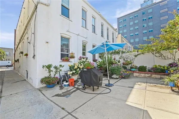 a view of a patio with plants and furniture
