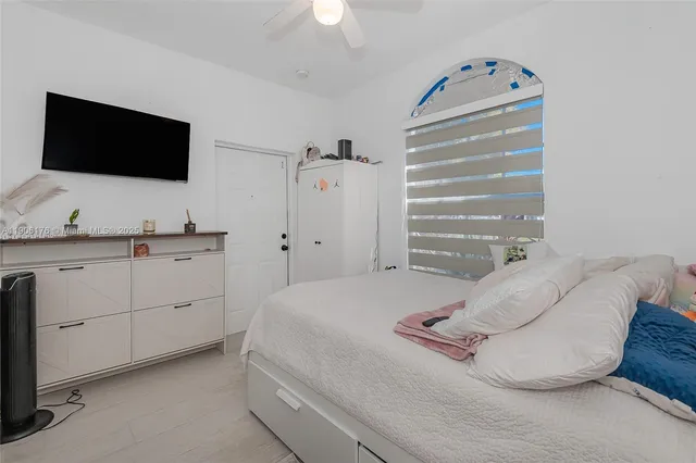 a bedroom with a bed and a flat screen tv