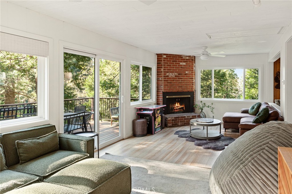 576 Kuffel Canyon Road Lake Arrowhead, CA 92352 - Photo 24 of 61 a living room with furniture and a fireplace