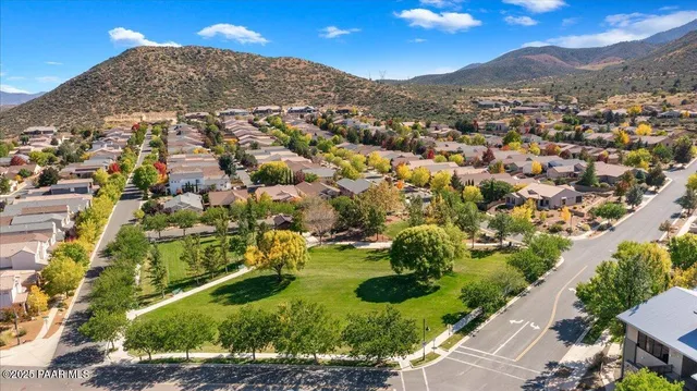 an aerial view of residential houses with outdoor space and trees