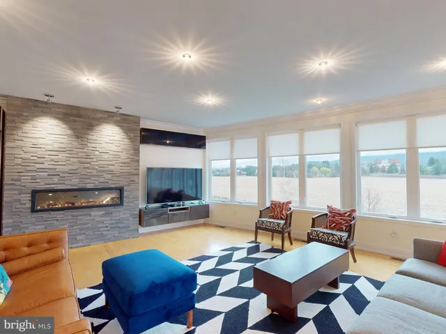 a living room with fireplace furniture and a flat screen tv