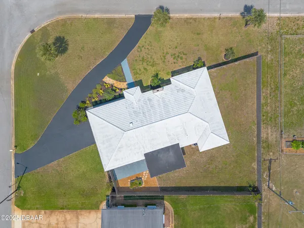 an aerial view of a swimming pool