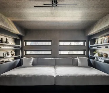 a room with wooden cabinets