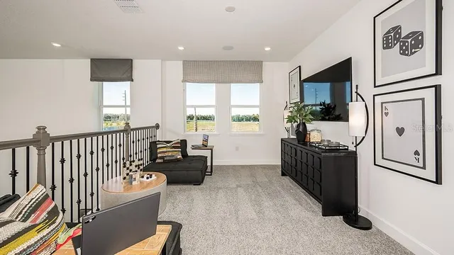 a living room with furniture and a potted plant