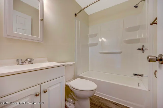 a bathroom with a sink toilet vanity and shower