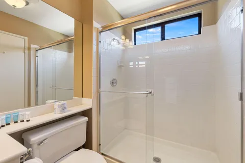a bathroom with a sink mirror toilet and shower