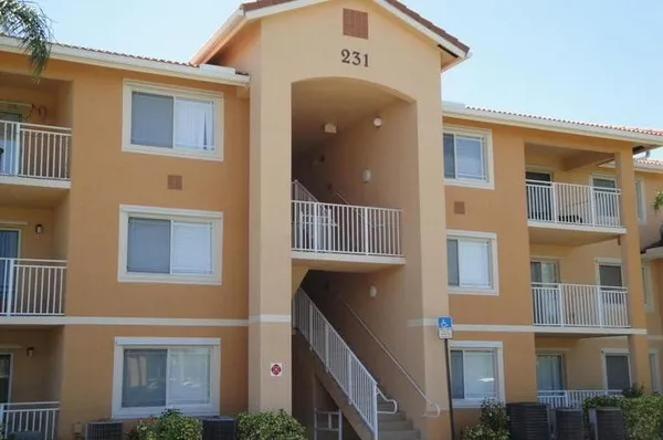 a front view of a building with a outdoor space