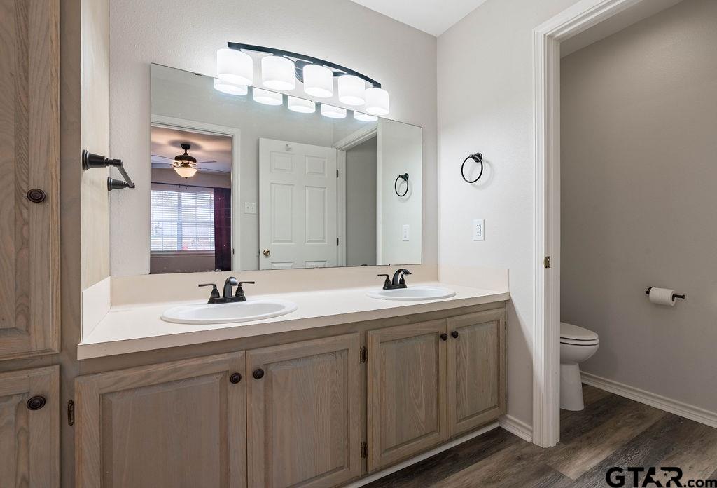 360 Anderson County Road Palestine, TX 75803 - Photo 23 of 41 a bathroom with a toilet a sink a mirror and vanity