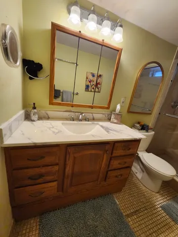 a bathroom with a sink toilet and mirror