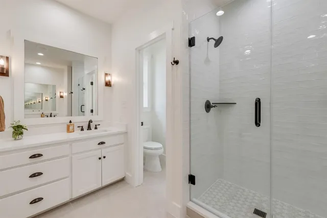 a bathroom with a double vanity sink toilet a shower and a mirror