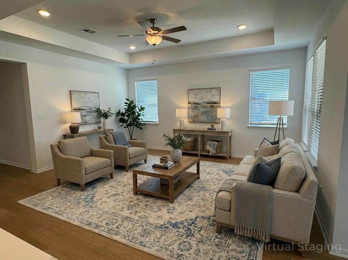 4500 Modena Bend Leander, TX 78641 - Photo 5 of 22 Living area featuring a tray ceiling, ceiling fan, wood finished floors, and recessed lighting