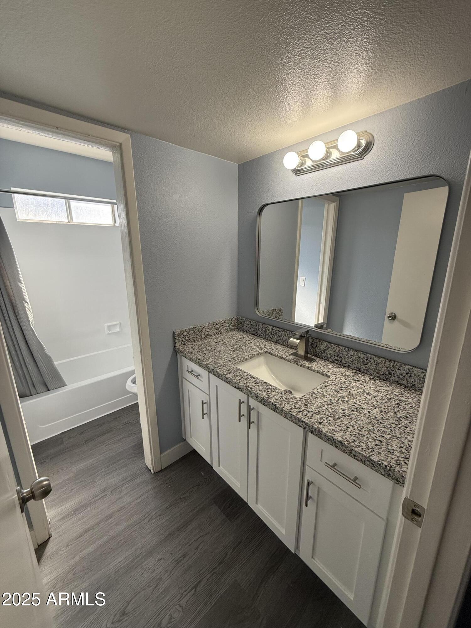 1861 N Spring Mesa, AZ 85203 - Photo 25 of 29 a bathroom with a granite countertop sink a mirror and a vanity
