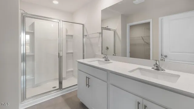 a bathroom with a shower sink and mirror