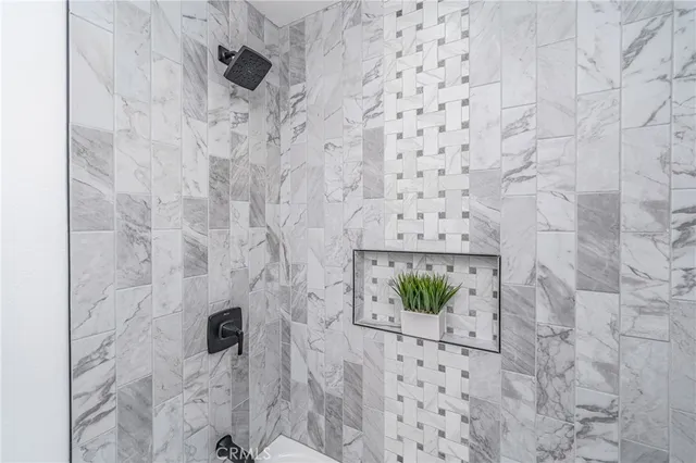a bathroom with a shower curtain