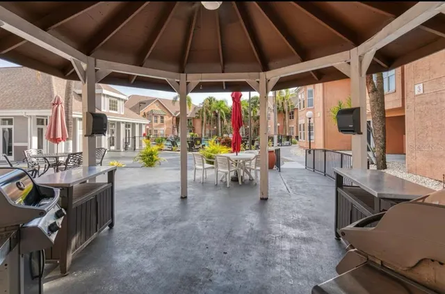 an outdoor space with seating