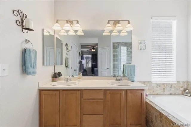a bathroom with a sink vanity and a mirror
