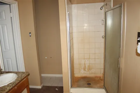 a bathroom with a shower and a sink