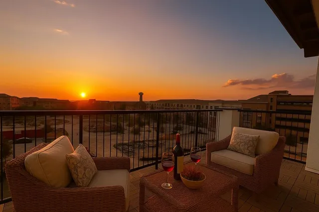 a terrace with outdoor seating and city view